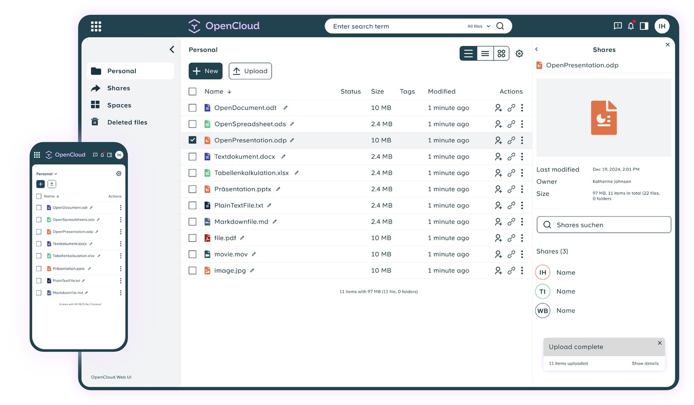 OpenCloud file manager showing files and sharing