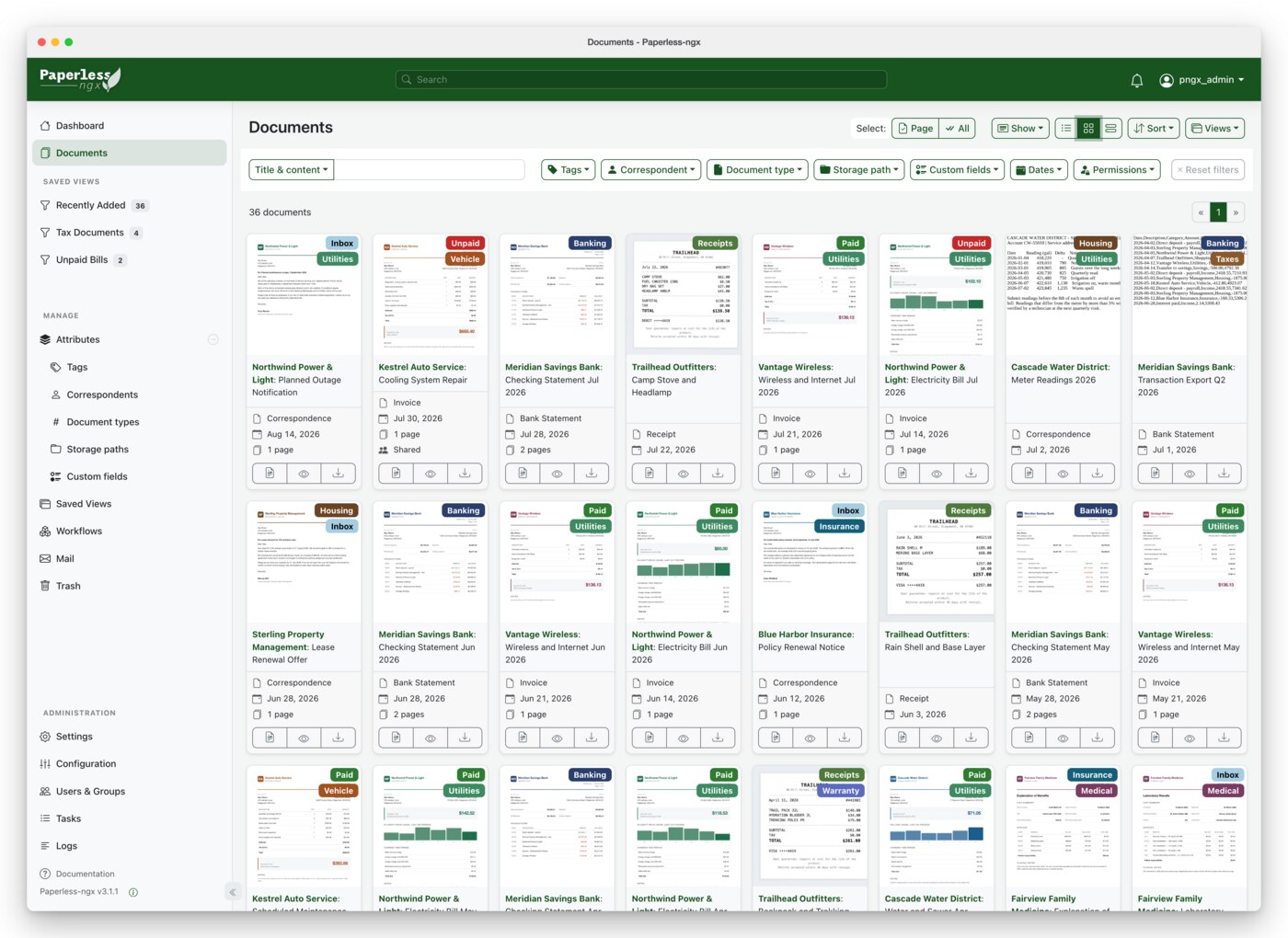 Paperless-ngx document library with tags and document types